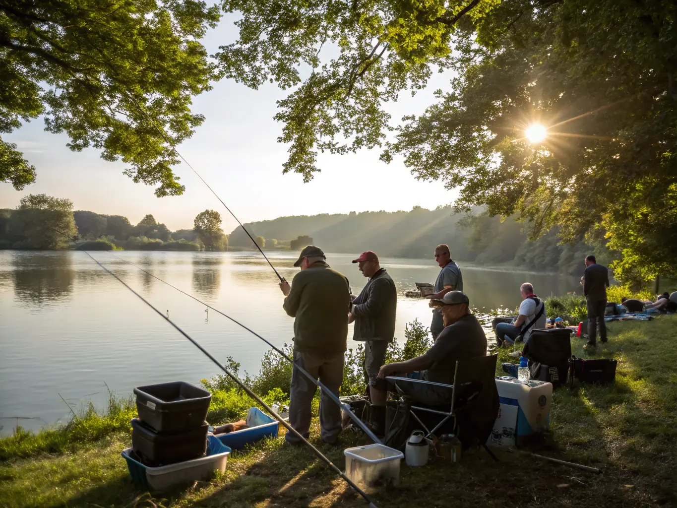 A picture of a fisheries expert demonstrating sustainable fishing techniques to a group of anglers by a lake.