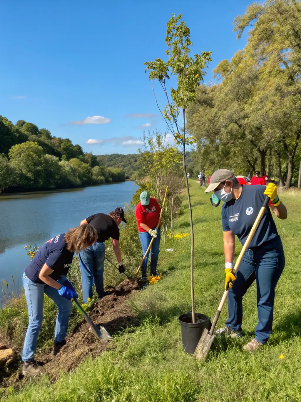 A group of AAPPMA members collaborating on a habitat restoration project, highlighting community involvement.