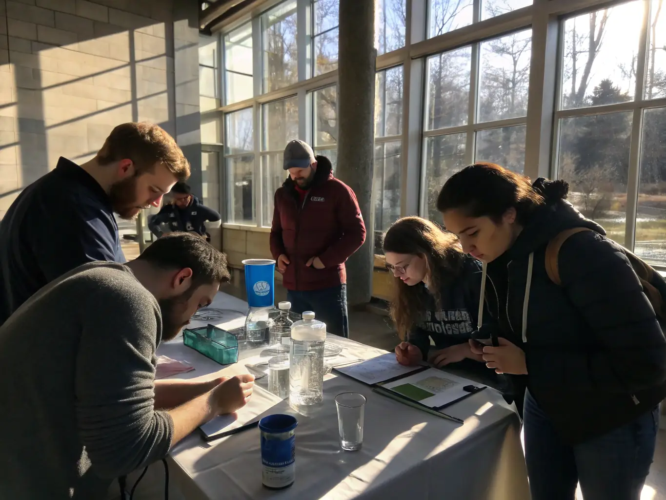 An image showcasing a group of students learning about aquatic insects and water quality monitoring during an educational workshop.