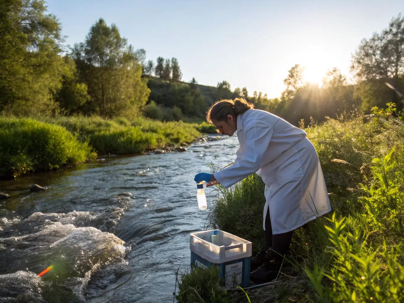 A scientist collecting water samples from a river, emphasizing the importance of water quality monitoring and pollution prevention.