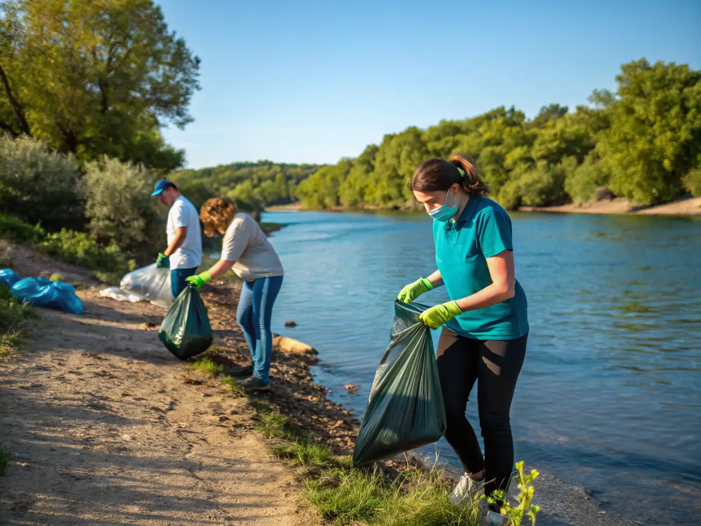 A photograph capturing a group of volunteers participating in a river cleanup activity, removing debris and restoring the natural habitat.
