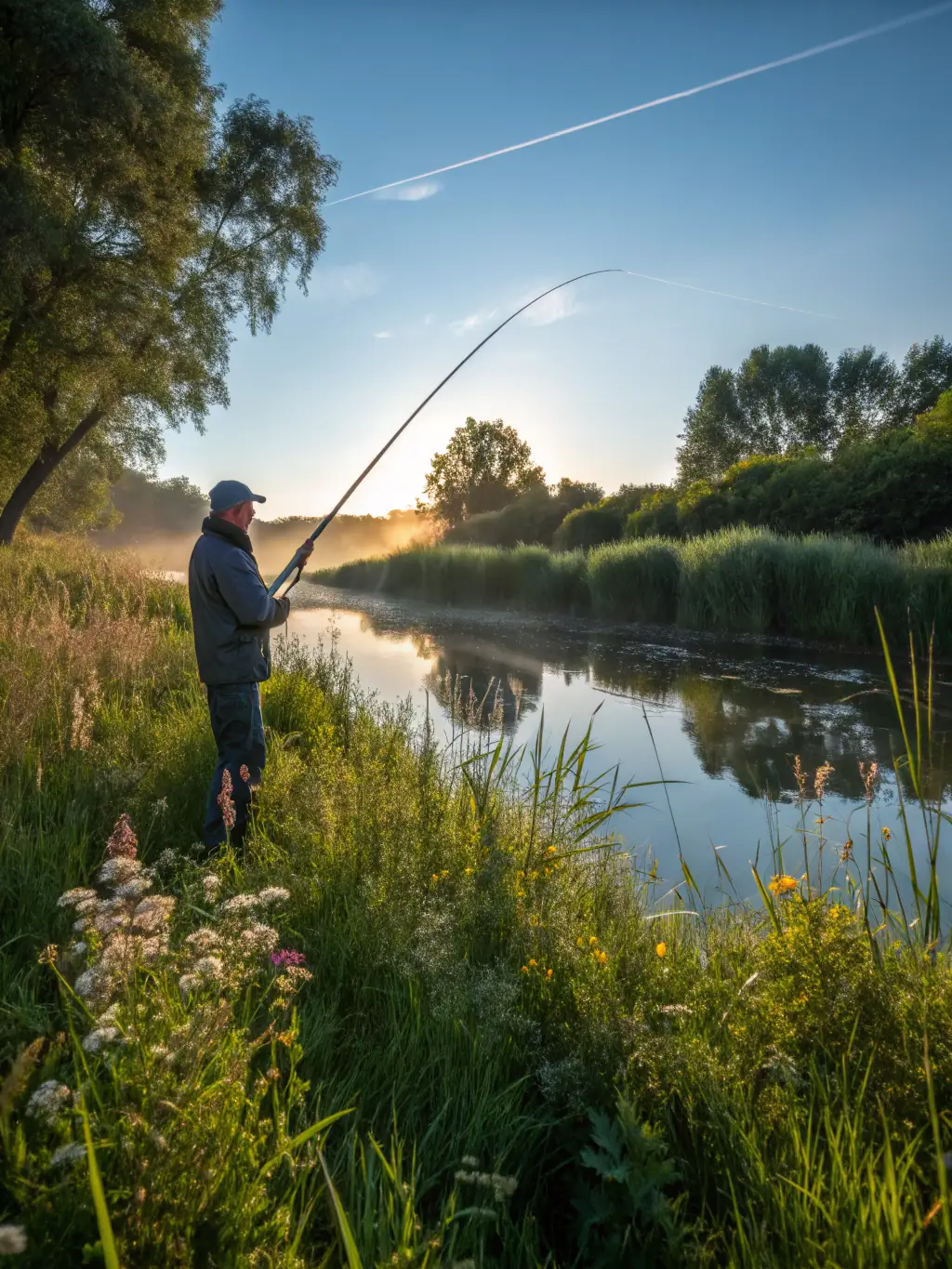 A photo of anglers responsibly fishing in a well-managed river, demonstrating sustainable fishing practices.